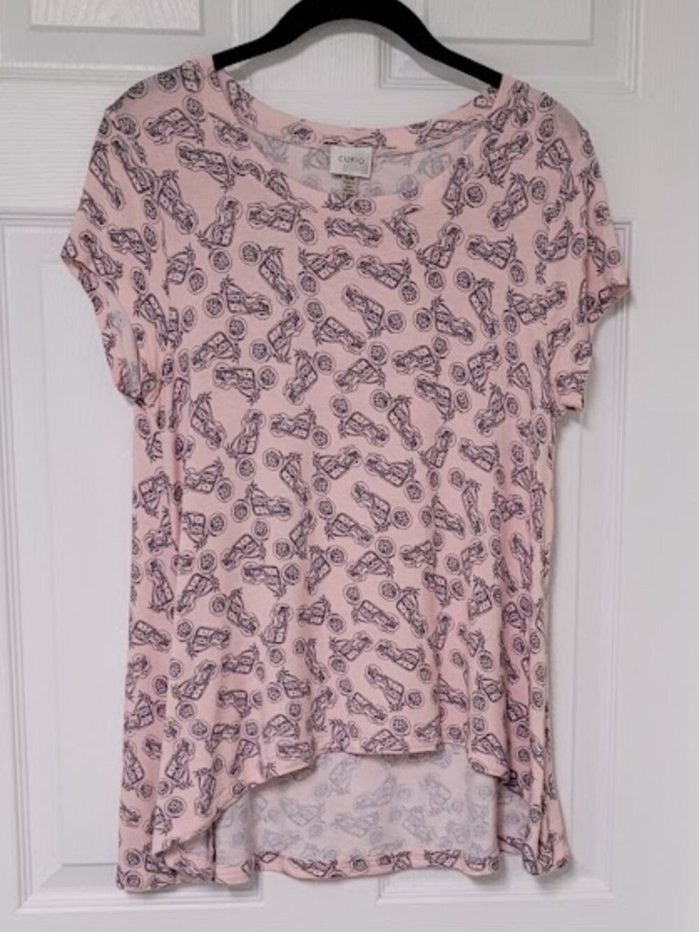Motorcycle Print Top-Cupio High-Low Hem-Fun/Edgy–Pink/Black-Size Medium or Large